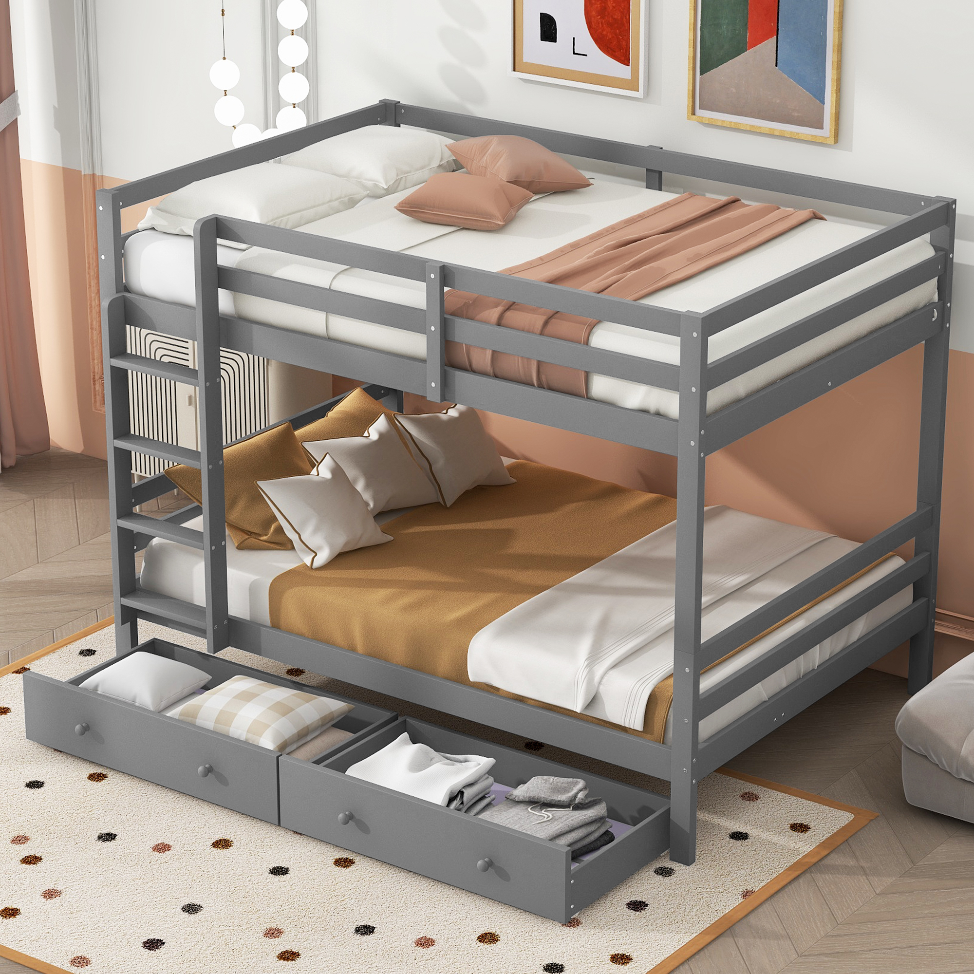 STILVORA Etagenbett 140x200cm mit Matratze Kinderbett mit zwei Schubladen und Stauraum Bettgestell mit Leiter, Grau