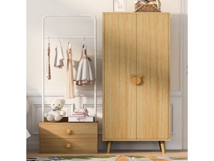 Ensemble de placard de chambre (70 × 55 × 170 cm) 2 portes espace de rangement poignées à motifs de dessins animés couleur bois