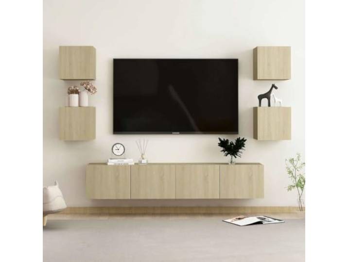 HEFZGDB 6-TLG. TV-Schrank-Set Sonoma-Eiche Holzwerkstoff mit Wandmontage und Staufächern für Aufbewahrung