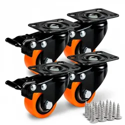 PRIOstahl Orangene Transportrollen 40mm 4 x Lenkrollen mit Bremse inklusive Befestigungsmaterial