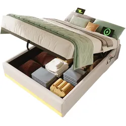 STILVORA Polsterbett 90x200 cm mit LED-Leiste, USB- und Typ-C-Anschlüssen, hydraulischer Speicherfunktion in Beige