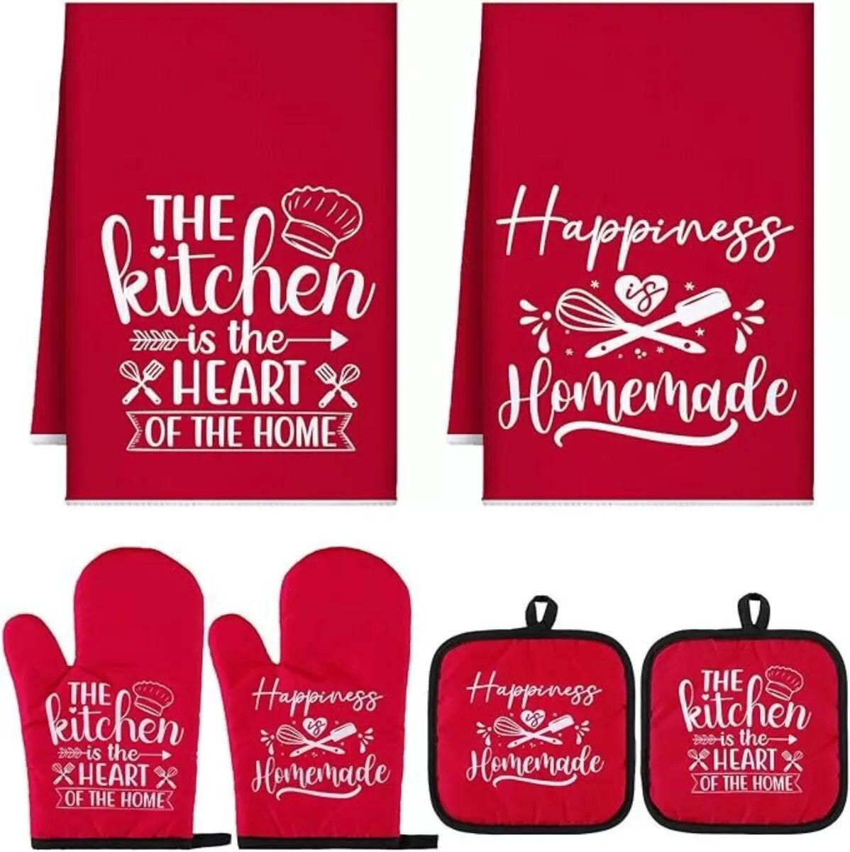 INF Ensemble de Cuisine 6 Pièces en Coton : Gants, Maniques & Torchons Absorbants Résistants à la Chaleur Rouge