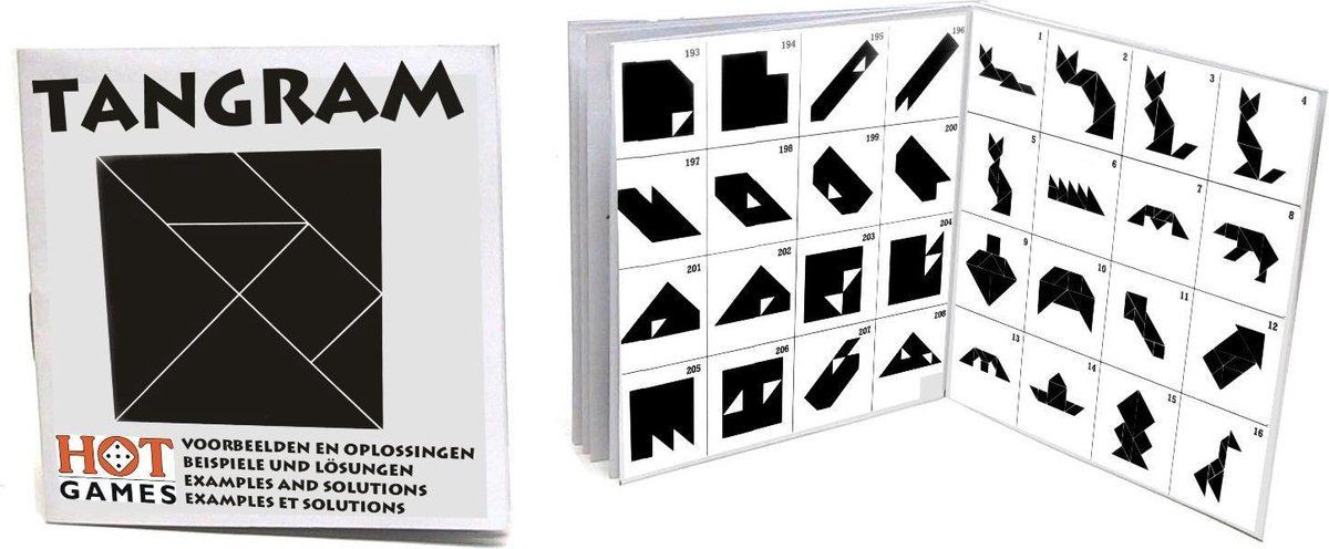 HOT Games Tangram denkspel boekje met 208 voorbeelden en oplossingen, 10,5 x 10,5 cm