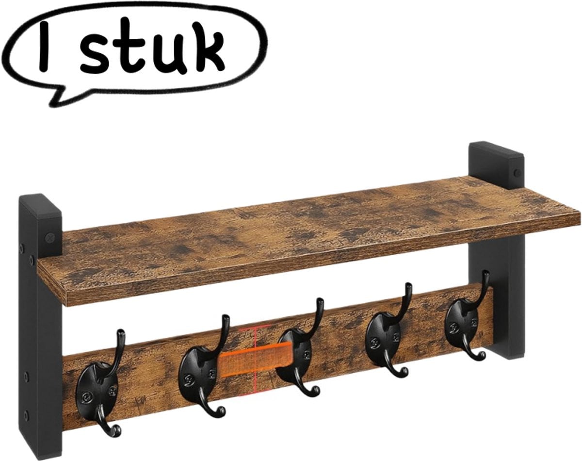 Massief houten wandplank met vierkante buis kapstok, bruin