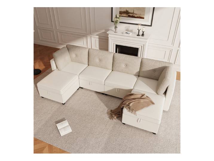 STILVORA Ecksofa verwandelbar in L-förmiges Sofa 6-moduliges mit Stauraum Samt + Cord, Loungesofa, frei kombinierbar für flexible Raumgestaltung, Hocker kann wahlweise links oder rechts platziert werden
