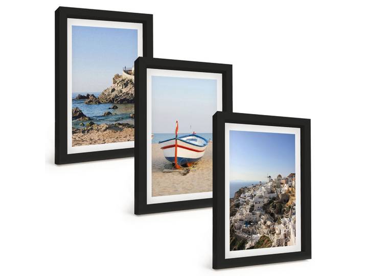 BILDER SET 3er Set - 20x30 cm Schwarzer Rahmen - Ansichten von Griechenland mit einem Boot und Häusern