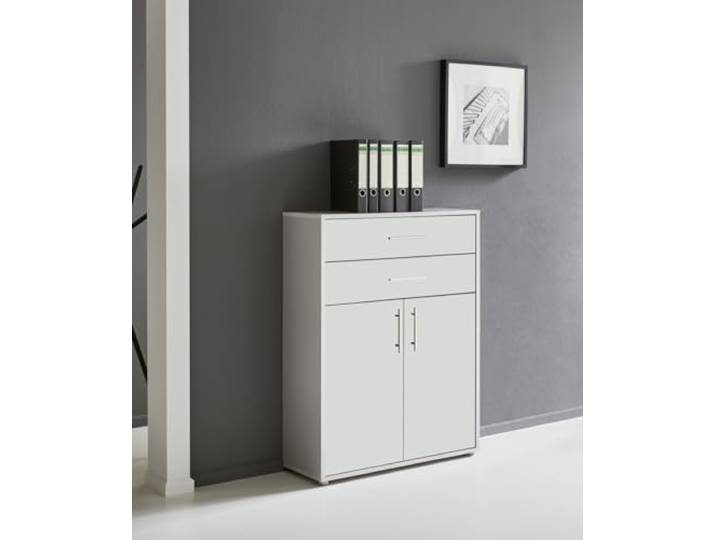 BMG Möbel Schubkastenschrank mit 2 Türen ideal für Büro & Arbeitszimmer wählbar aus 26 verschiedenen Farbkombinationen (Lichtgrau - Weiß Matt)
