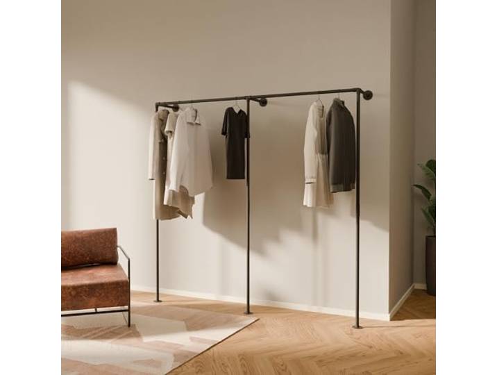 pamo Kleiderstange Wandmontage – 201 cm 193 cm 200 kg Traglast Offener Kleiderschrank Schwarz I Pulverbeschichtet I Stoß- & Kratzfest I Kleiderschrank System Montage in 25 Min