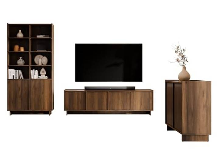 Mirjan24 Wohnzimmerset Yolkyn I, Anbauwand, Wohnzimmerschrank, Möbelset für das Wohnzimmer, griffloses Öffnungssystem, enthaltene Teile: Kommode, TV-Lowboard, Regal (Nuss Warmia)