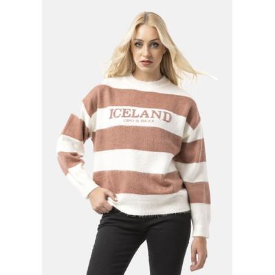 Strickpullover CIPO & BAXX "WP263", Damen, Gr. L, braun (ecru, rose), 50% Baumwolle, 50% Polyacryl, gestreift, regular fit, Rundhals, Rippbündchen, Pullover Strickpullover, Streifenmuster mit Frontprint