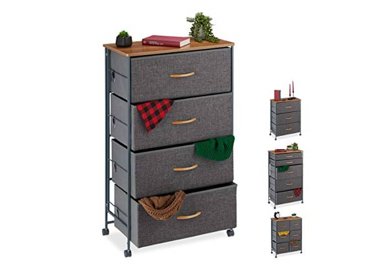 Relaxdays Schubladenschrank mit Rollen, 4 Stoff Schubladen, grau