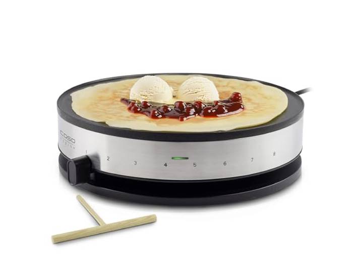 CASO CM 1300 - Crêpes Maker, Testsieger Haus & Garten Test, Antihaft‐Beschichtung, Schieberegler, inkl. Teigverteiler und Crêpes‐Wender aus Holz, Schwarz, Edelstahl