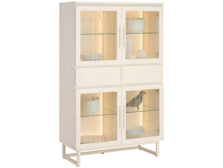 Lomoco Highboard Boras, Weiß, Metall, Esche,Esche,Esche,Esche,Esche, furniert, massiv,massiv, 4 Fächer, 2 Schublade(n) Schubladen, 90x145x43 cm, Beimöbel erhältlich, stehend, Beleuchtung, Holzmöbel, Kommoden Holz, Highboards Holz