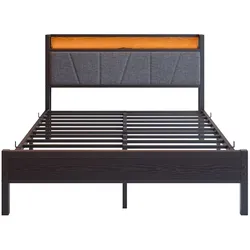 MODFU Bettrahmen MDF & Metall Schwarz 140x200 cm mit LED, USB-Ladestation und Stauraum-Kopfteil