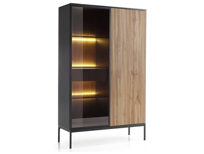 Komodee Laval WTSZ104 - Schrank mit LED Beleuchtung, Schwarz, Eiche Wotan, Lamella, Breite 104 cm, Höhe 166 cm, Tiefe 39 cm