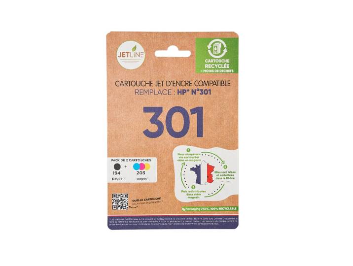 Pack de cartouches d'encre compatibles noire + 3 couleurs H-301 JETLINE