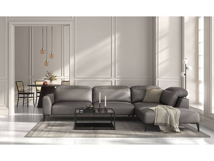 Ecksofa mit Ottomane Grau/Grau Echtleder Danbi 325cm Ottomane davorstehend rechts Modern