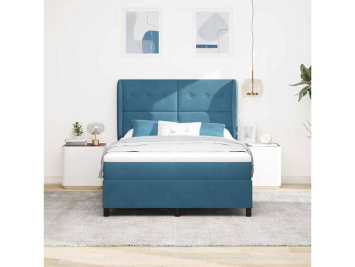 KTHLBRH Doppelbett dunkelblau 140 x 200 cm Samt Kopfteil verstellbar, 2 Höhen, mittlere Matratze, Gestell aus Massivholz, max. 280 kg