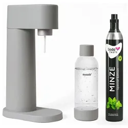MySoda Sprudler Woody Grau  mit CO2 Aromazylinder Minze & 1L Flasche