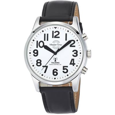 Funkuhr MASTER TIME "Sprechende Funkuhr", schwarz (schwarz, weiß), Armbanduhren, Herren, Funkuhr, Armbanduhr, Quarzuhr, Herrenuhr, Lederarmband