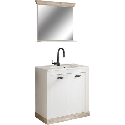 Badmöbel-Set HOME AFFAIRE "Florenz, Bad im Landhausstil, 2-teiliges Badezimmer", weiß (pinie weiß dekor), Kastenmöbel-Sets, Badmöbel-Set, Waschtisch und Spiegel mit Ablage, Stauraum