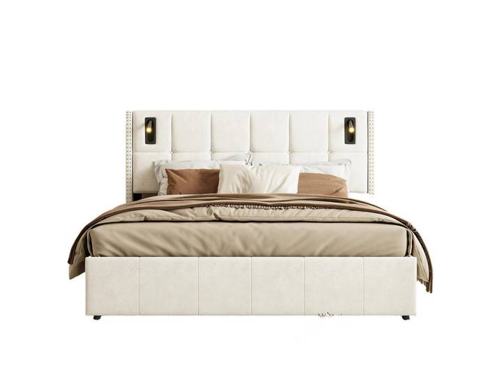 Shopentra Polsterbett 160x200 Beige Samt, Metall, 160x200 cm, Schlafzimmer, Betten, Polsterbetten