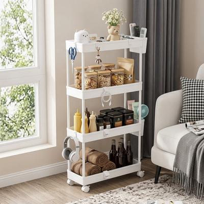 4-Tier Slim Rolling Storage Cart with Hooks Cups & Dividers Narrow Mobile Organizer for Kitchen Bathroom & Living Room