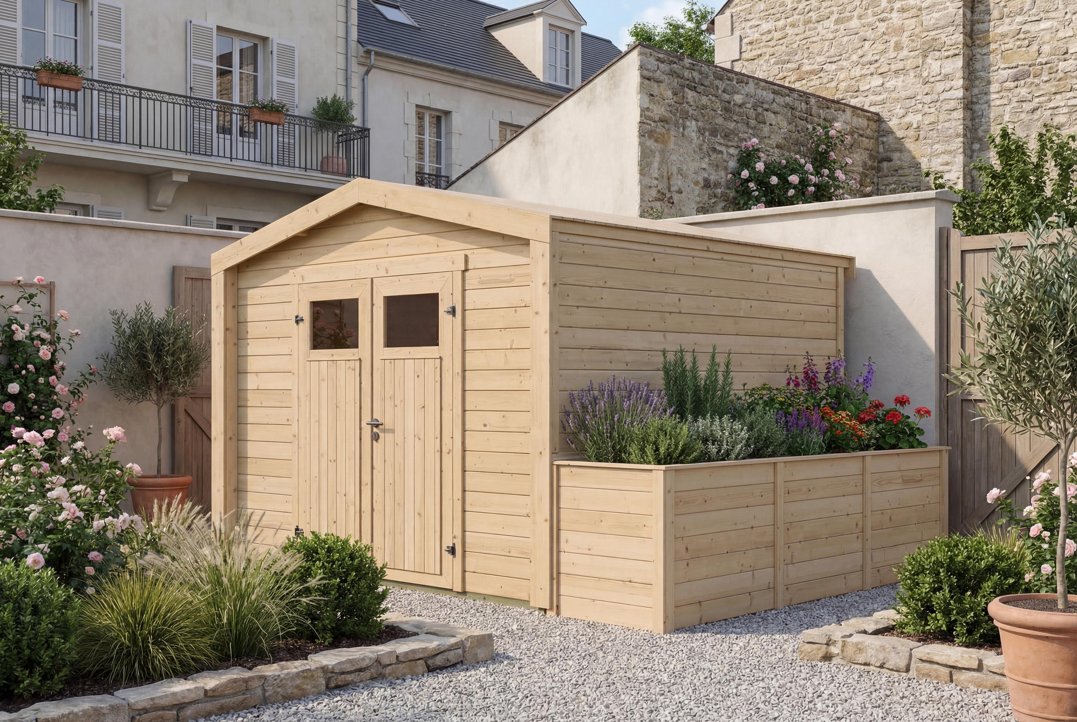 Gartenhaus Killarney, 300x300cm, Naturbelassen, 28mm, Hochbeet