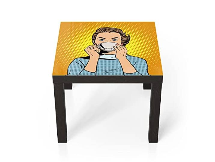 DEQORI Glastisch schwarz klein 55x55 cm Motiv Frau trinkt aus Tasse ausgefallener Beistelltisch aus Glas Hochglanz Couchtisch fürs Wohnzimmer moderner Couch Tisch mit Design