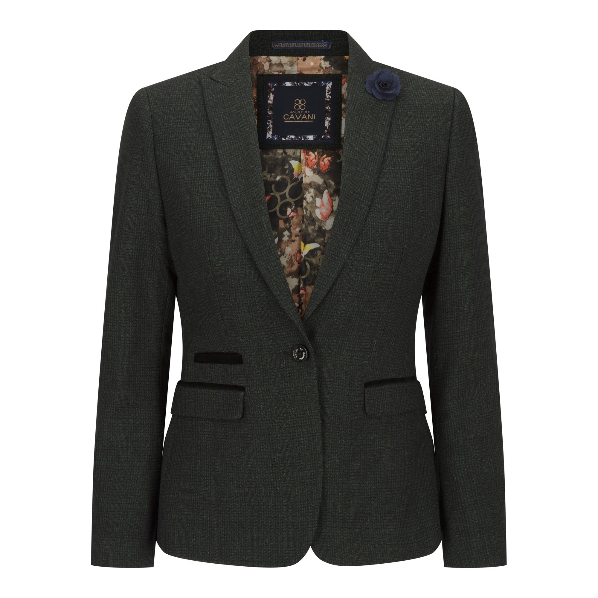 Damen Tweed Grün Karierter Blazer Wolle Klassische Jacke