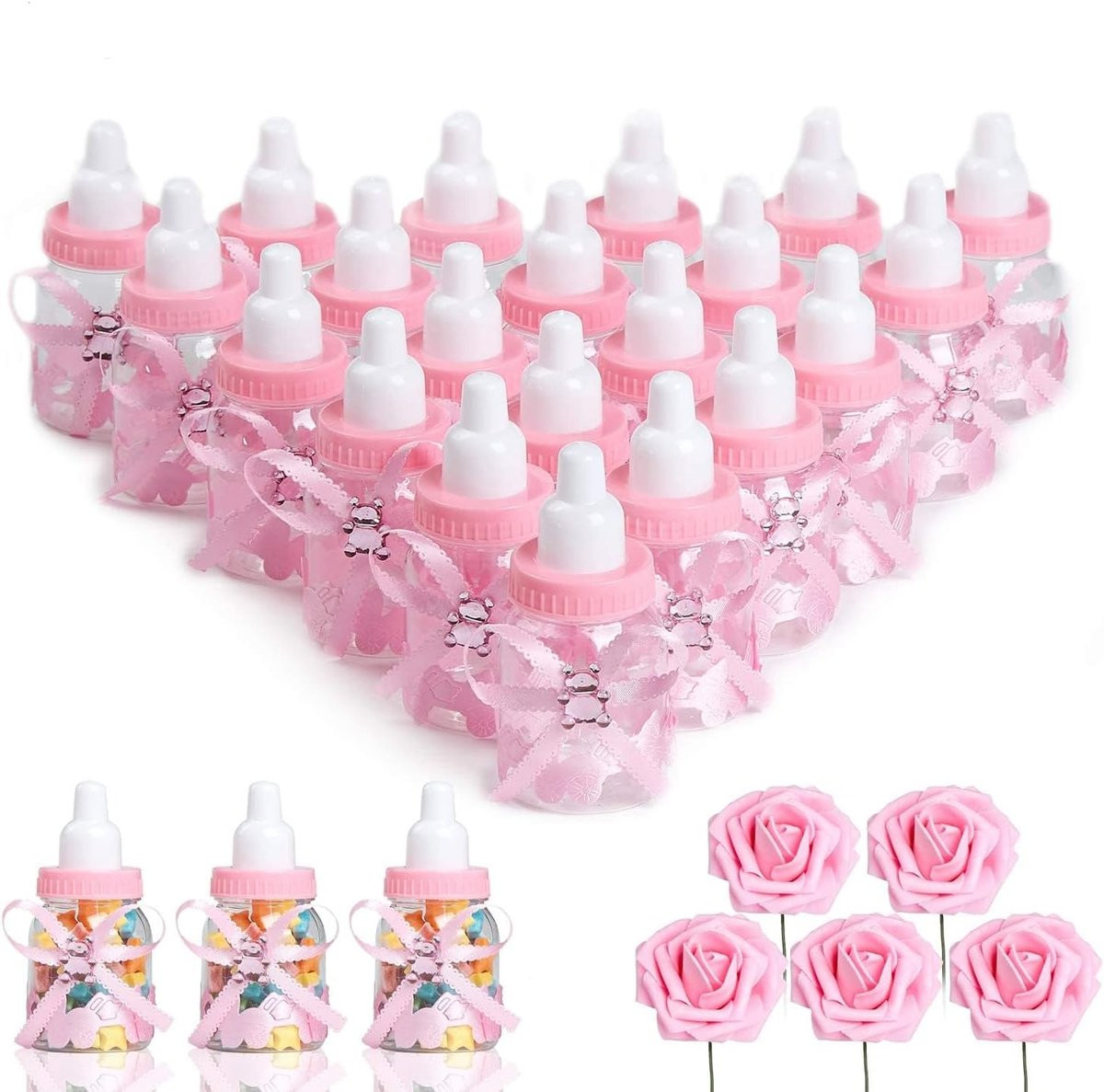 Set van 24 mini babyflesjes van 3,5 inch en 5 stuks DIY kunstbloemen