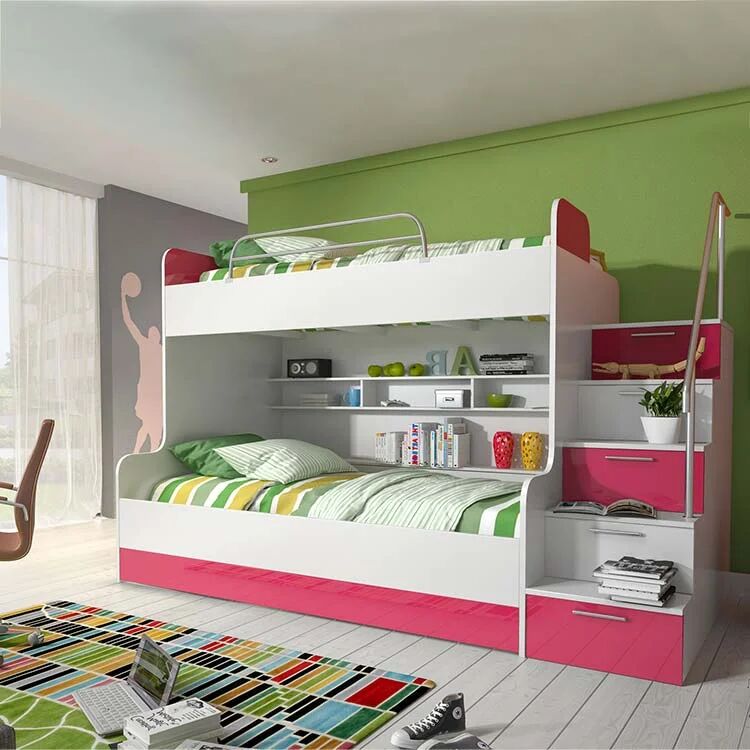 garneroarredamenti Cameretta 254x120cm con soppalco 2 letti singoli bianca rosa Enrico Gihome®