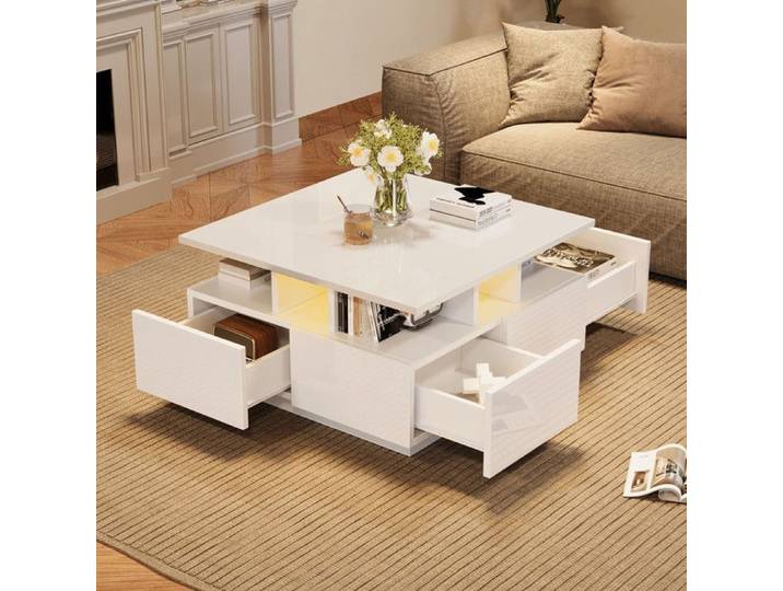 Table basse brillante table basse avec éclairage LED table basse avec 4 tiroirs table d'appoint au design géométrique blanc