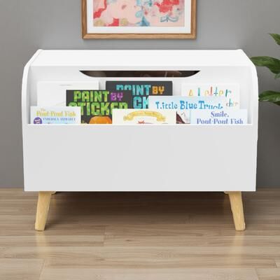 ZWYO HOSIMU "23.62""L Wooden Toy Box, MDF & Solid Wood Toy Chest with Front Bookshelf, Flip-Top Lid, Safety Hinge, Kids Toy Storage Organizer"