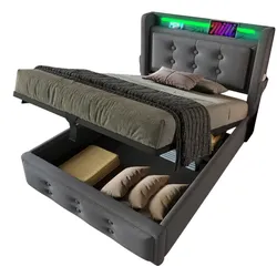 Polsterbett 90x200 LED-Beleuchtung mit USB-Anschlüssen – modernes Design, hydraulischer Bettkasten, USB- und Type-C-Ladefunktion, grauer Baumwollbezug