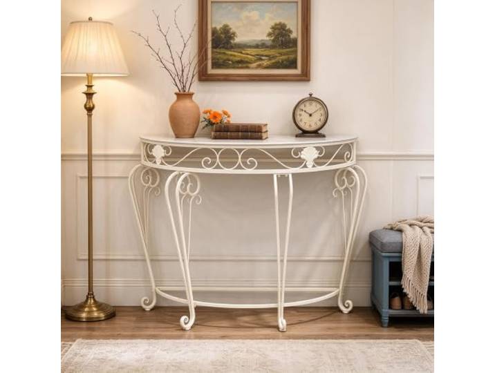 Luxus Halbmond Konsolentisch Metallgestell Holzmaserung Platte Rostfrei Pulverbeschichtet 50kg Tragkraft Kleiner Flurtisch Wohndeko(White,60cm/23.6in)
