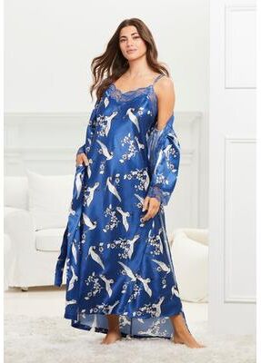 Plus Size Women's The Luxe Satin Long Peignoir Set by Amoureuse in Blue Dream Crane (Size 1X) Pajamas