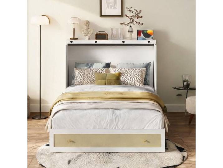 Lit plateforme escamotable 140x200 cm avec rangements et ports USB MDF blanc