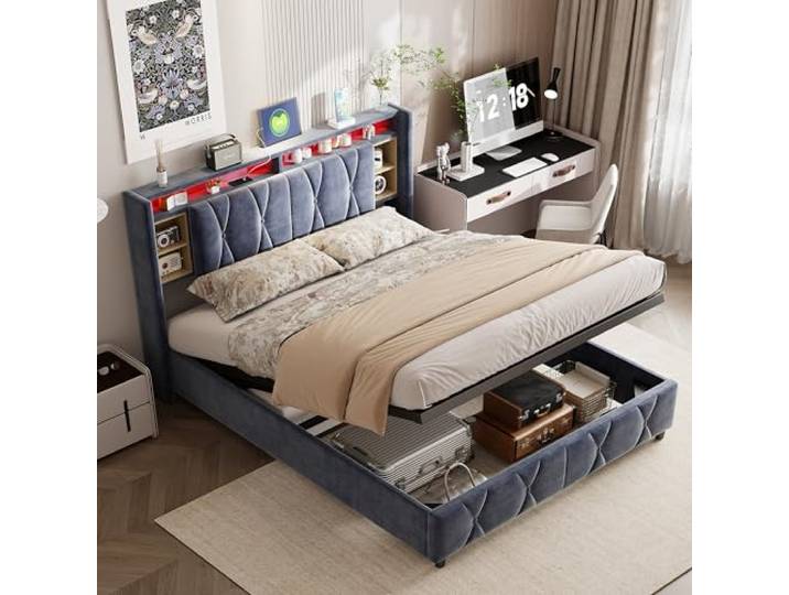 OLIVIBED Polsterbett Doppelbett 160x200 cm, Stauraumbett mit USB Ladefunktion & Ablagefächern, Stauraumbett mit Kopfteil, Jugendbett für Schlafzimmer, Samt, Grau, Ohne Matratze