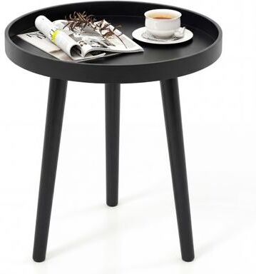 Costway Mid Century Modern Round Side Sofa Coffee Table with Wooden Tray-Black