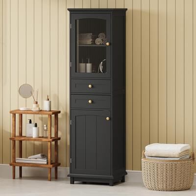 CARMORICO Tall Free-Standing Bathroom Storage Cabinet with Glass Doors and Two Drawers