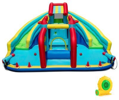 Costway Inflatable Double Water Slide Park with Obstacle Course and 680W Blower