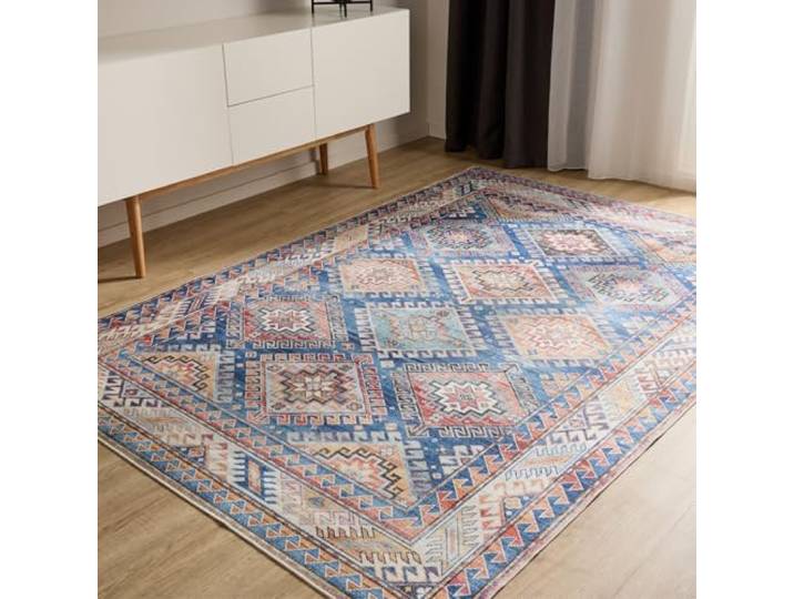 benuta Basic Waschbarer Teppich George - Blau 300x400 cm - Kunstfaser - Rechteckig & im Style: Vintage, Elegant, Retro - Pflegeleicht für Wohnzimmer Schlafzimmer