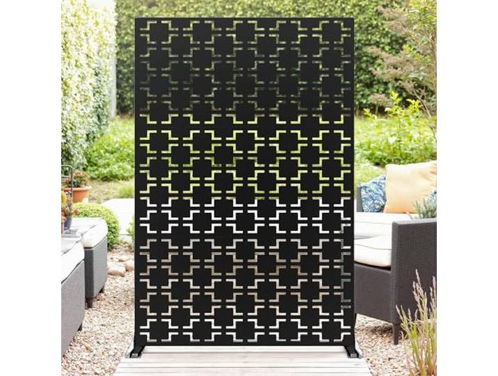 Sichtschutz mit Ständer, freistehende Trennwand aus Stahl, wetterfest und rostfrei Paravent, dekorativer Raumteiler, Outdoor Indoor Raumtrenner für Balkon, Terrasse, Garten, Schwarz-A
