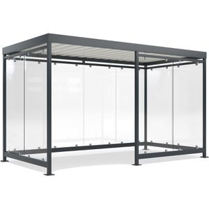 WSM Personenunterstand Köln K4 b/d, anthrazit, aus Metall, 3 Wände + Windfang aus Glas, 420 x 217cm (B/T), für 8 Personen