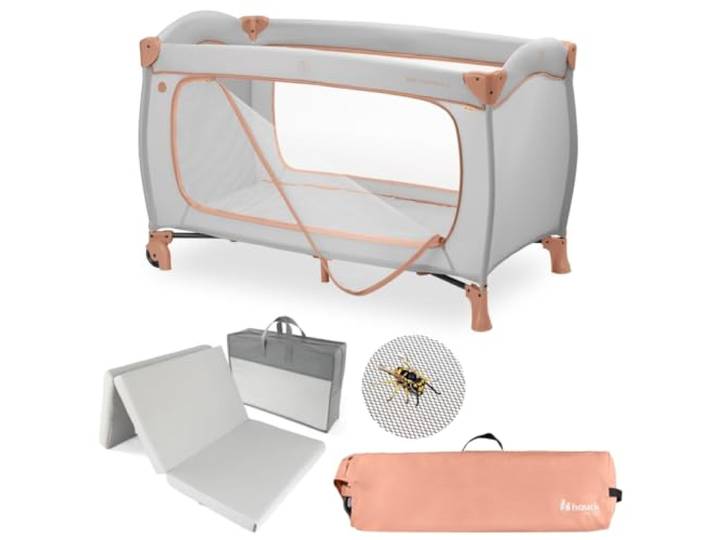 hauck Sleep N Play Go Plus Baby Reisebett Set - Dusty Cork inkl. Matratze & Insektenschutz faltbares Kinder Reisebett mit Rollen, Seiteneingang & Transporttasche