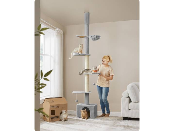 Feandrea Kratzbaum deckenhoch, 231-291 cm höhenverstellbarer xxl, hoher mehrstufiger Katzenkratzbaum, 11 cm dicke Stämme hellgrau