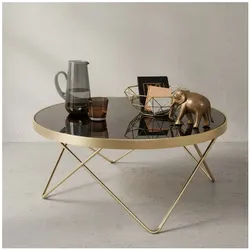KADIMA DESIGN Beistelltisch "Retro-Charme", schwarze Glasplatte, goldene Beine, 82 cm Durchmesser.