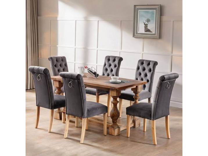 Ensemble de 6 chaises de salle à manger en velours gris ton sur ton pieds en chêne et dossier capitonné