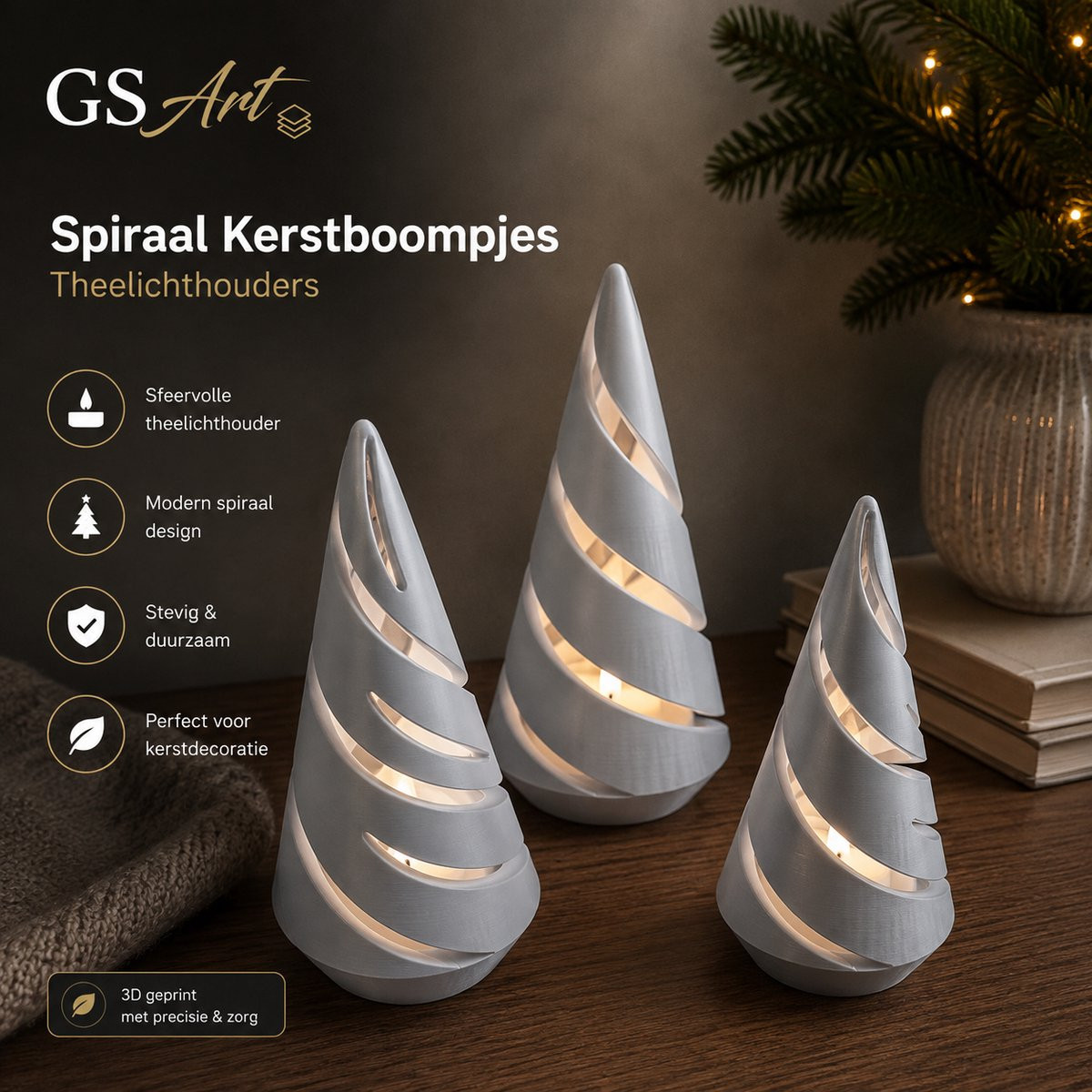 GSArt Spiraal Kerstboompjes Theelichthouders - Set van 3 met LED Theelichtjes - Glanzend Zilver